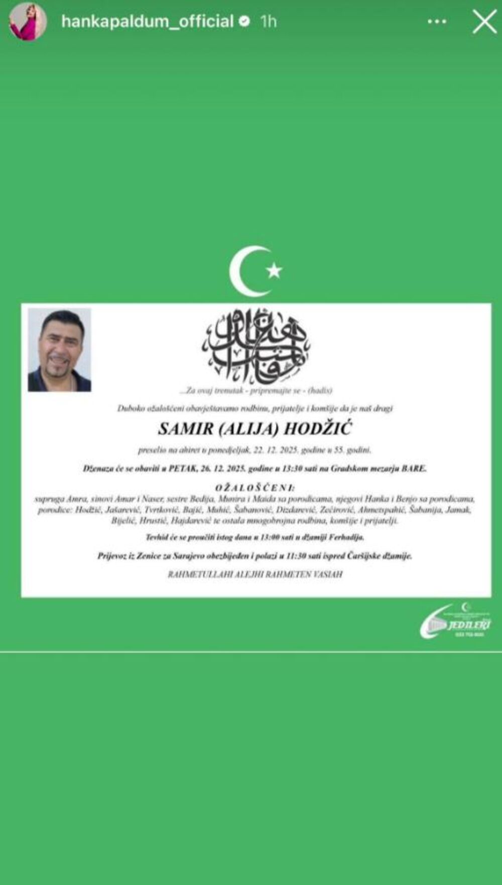 Hanka objavila umrlicu