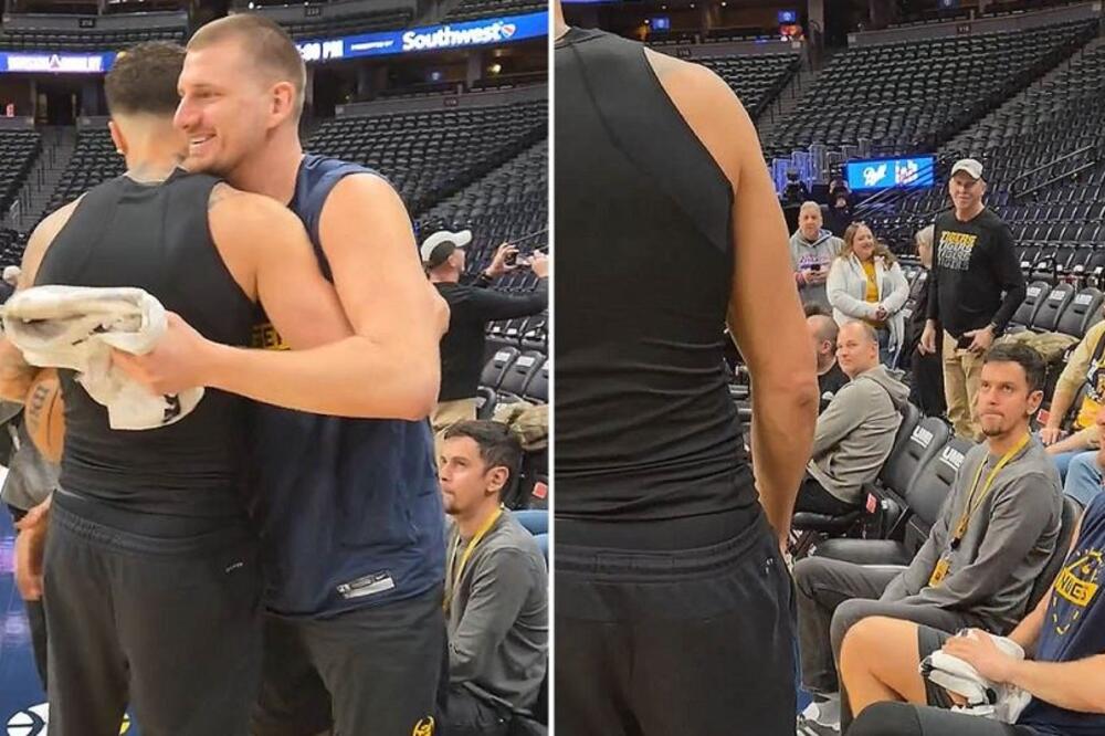 Jokić se izgrlio sa čovekom kog je oterao iz Denvera: Da li prepoznajete igrača koji je sedeo pored? (VIDEO)