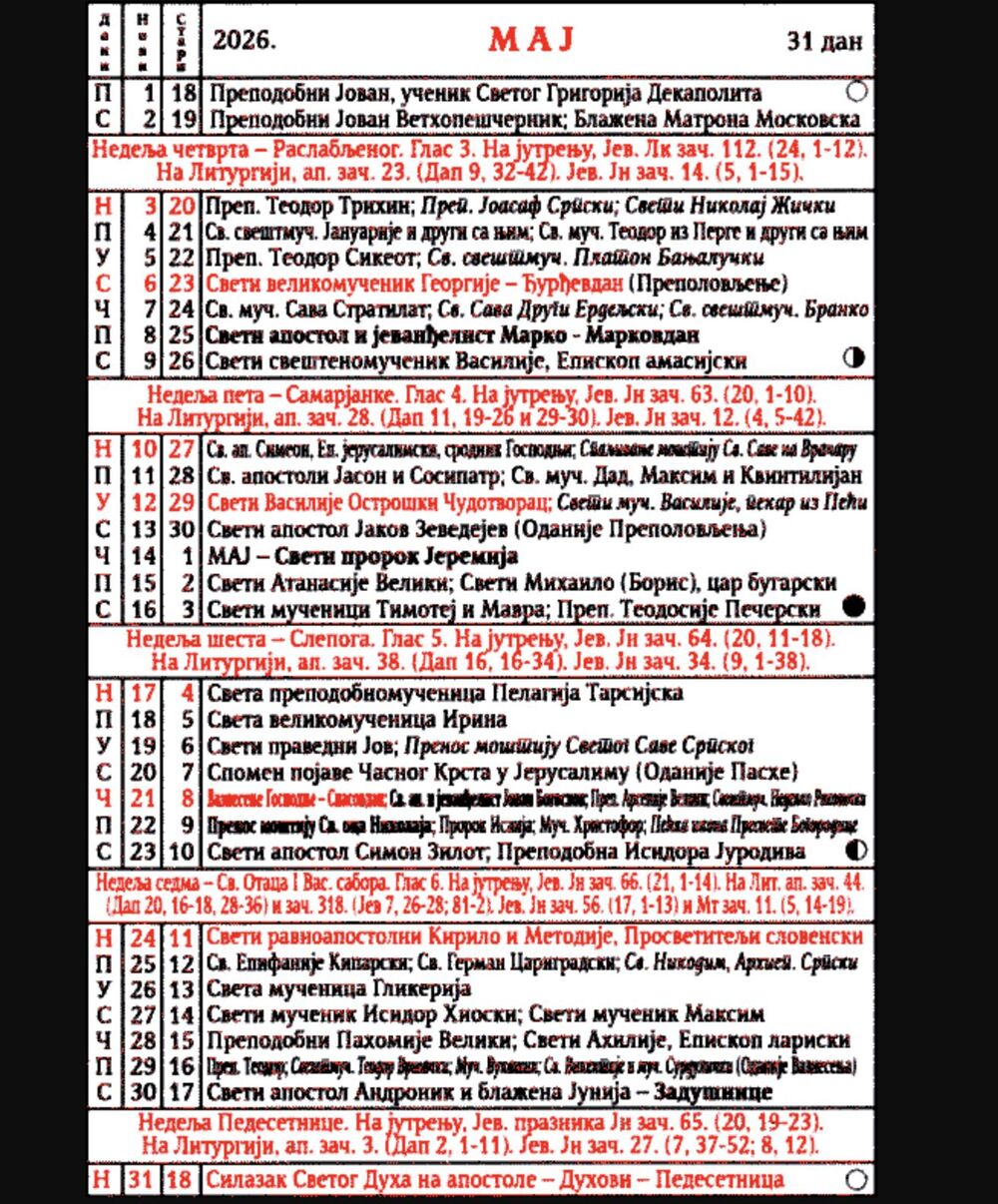 Crkveni kalendar za maj 2026.