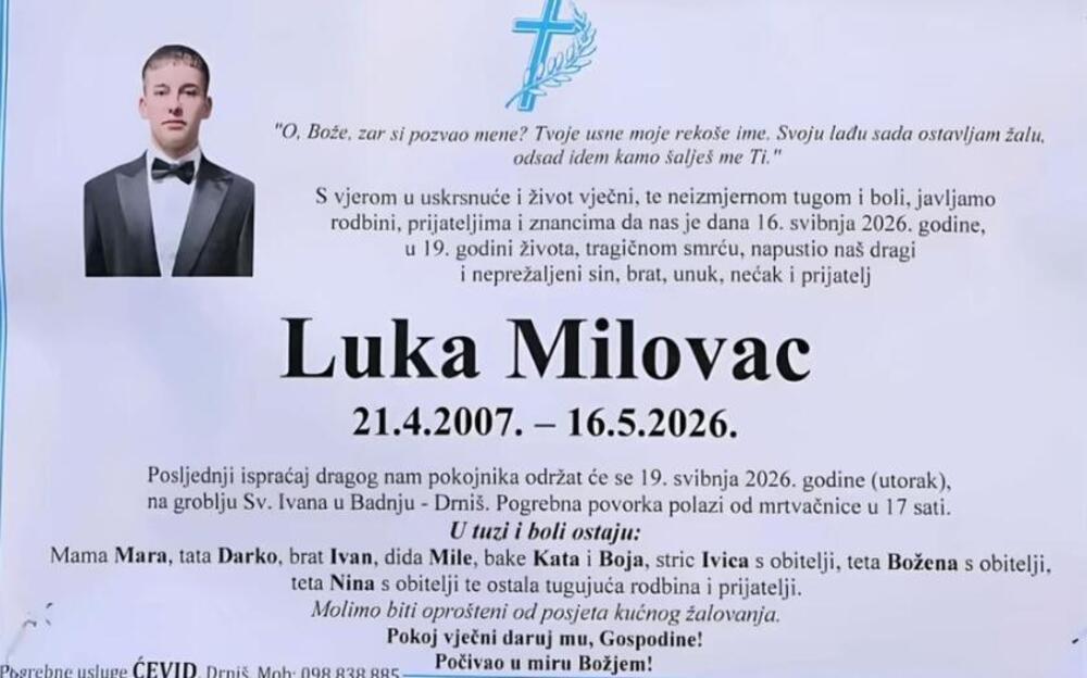 LUKA (19) ĆE BITI SAHRANJEN U ODELU KOJE JE KUPIO ZA MATURU: Drniš zavijen u crno zbog UBISTVA NEDUŽNOG DEČKA!