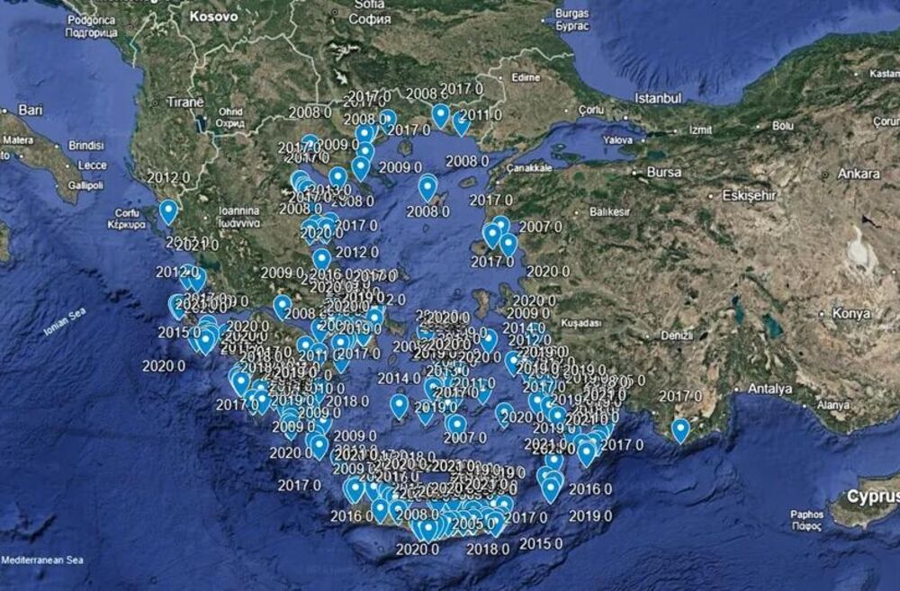 Mapa lokacija na kojima je primećena riba zec u Grčkoj 