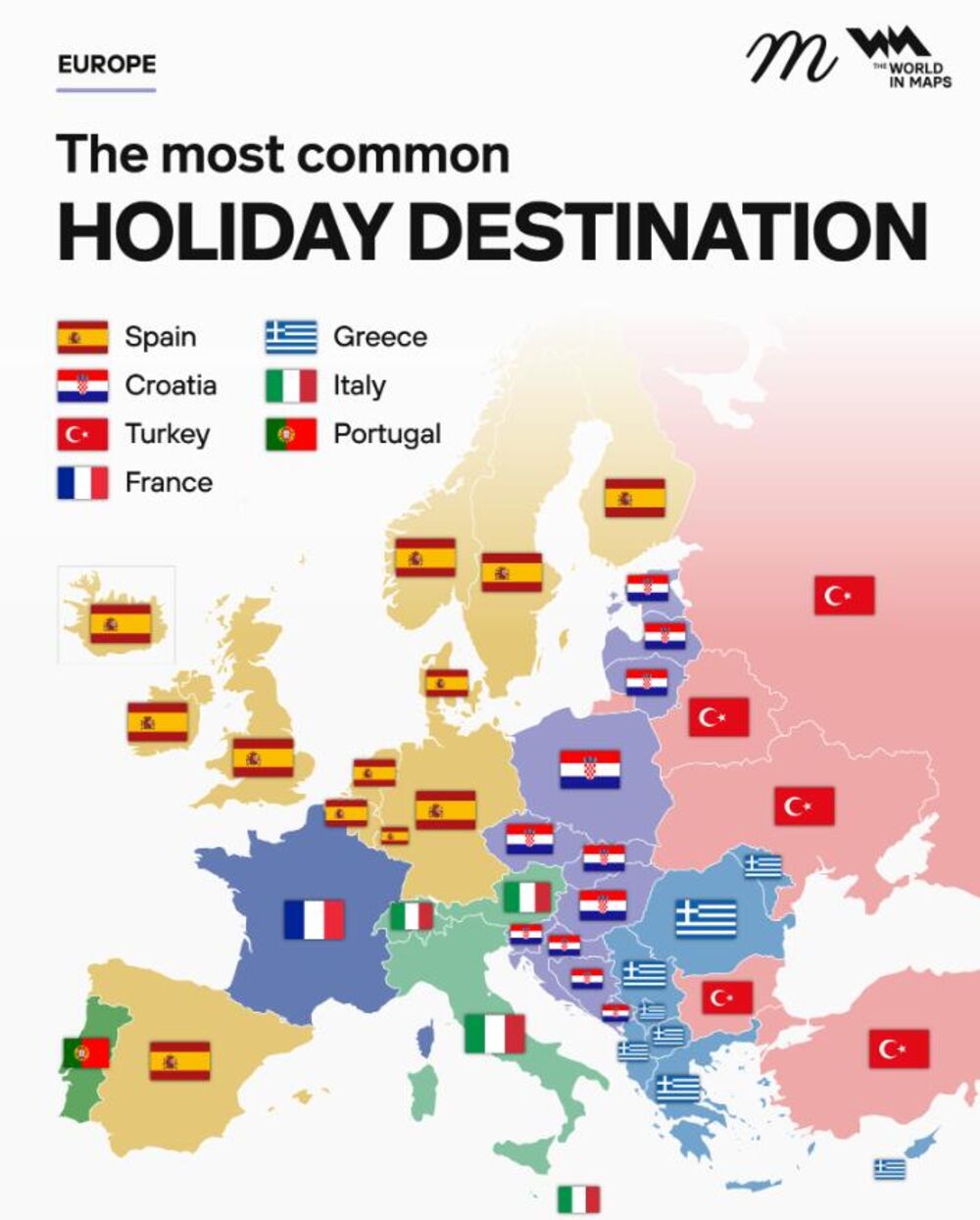 Mapa najpopularnijih destinacija za odmor među evropskim zemljama
