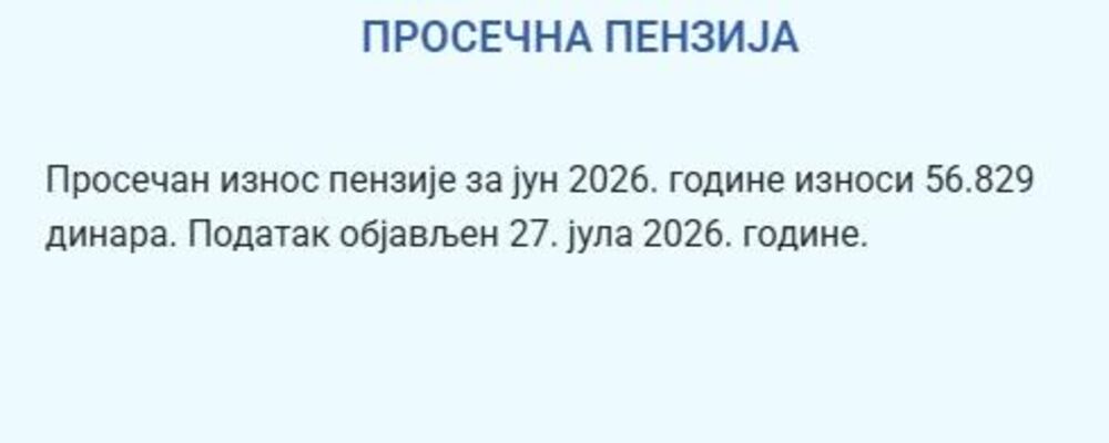 Prosečna penzija za jun 2026.