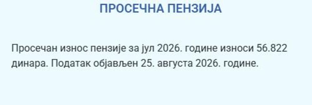 Prosečna penzija za jul 2026.